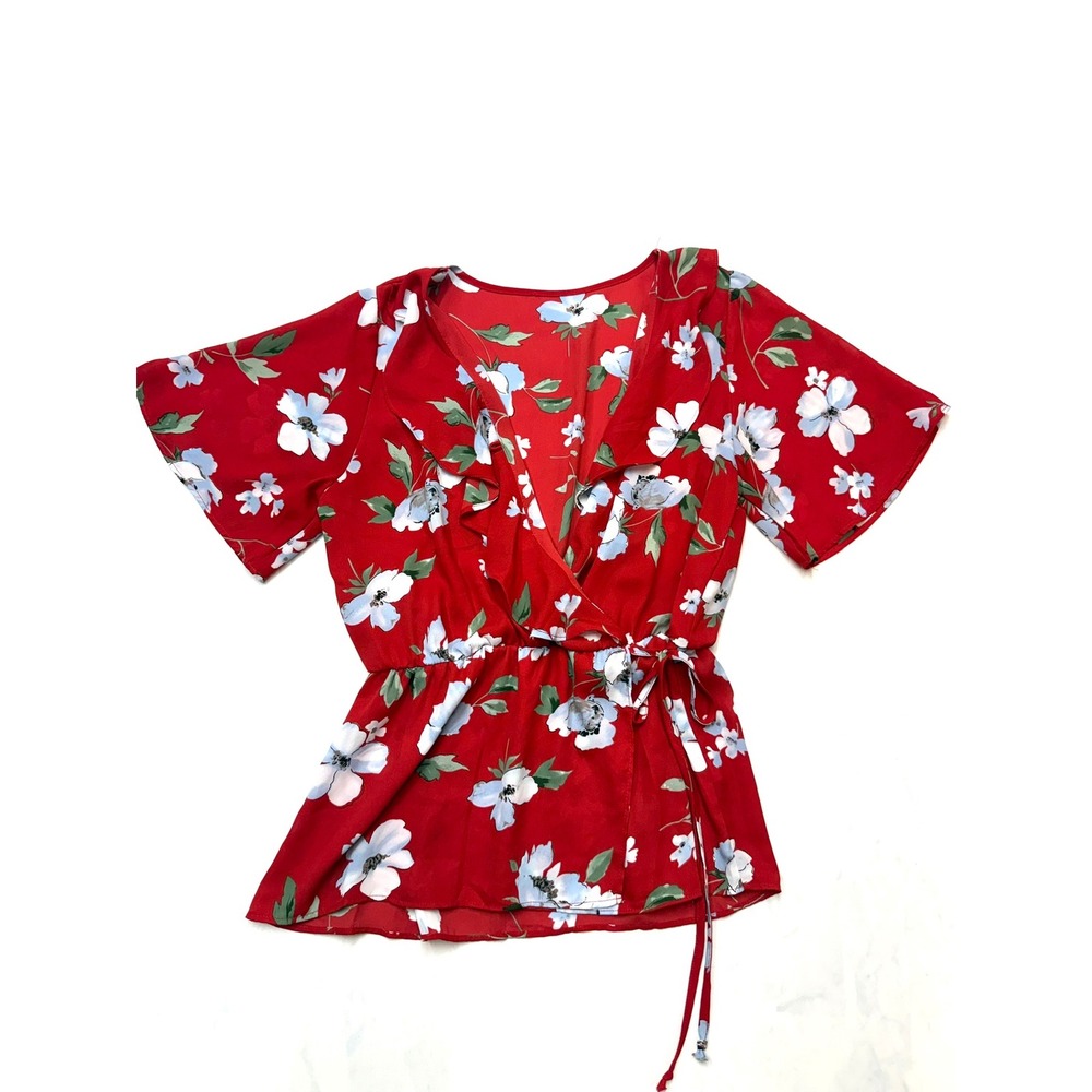 UNBRANDED Womens Medium Red Floral Chiffon Deep VNeck Faux Wrap Short Sleeve Top